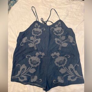 Free People Bali Tamsyn denim romper with floral appliques, Size L
